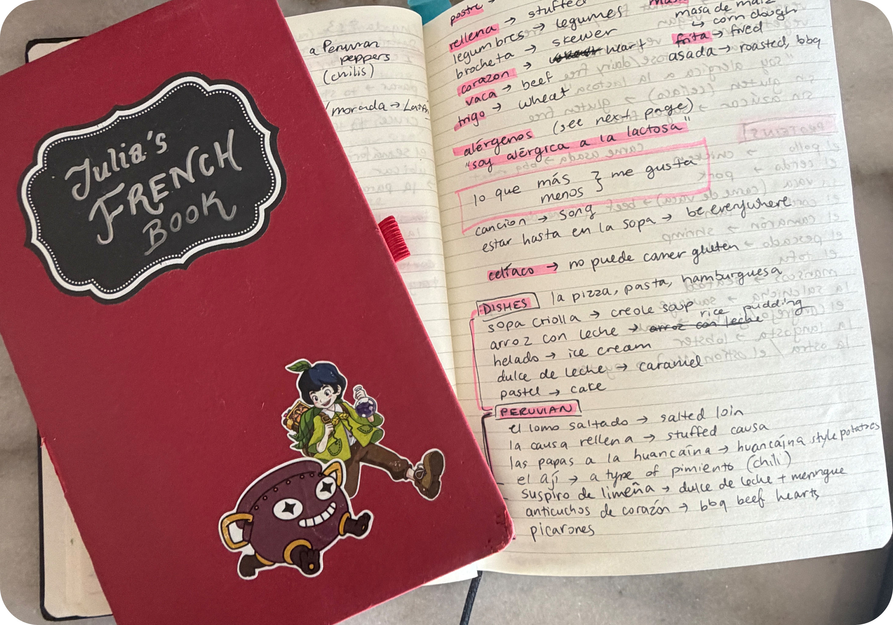 Julia's handwritten language-learning notebook