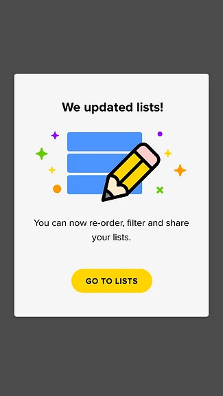 In-app announcement introducing the new Custom Lists