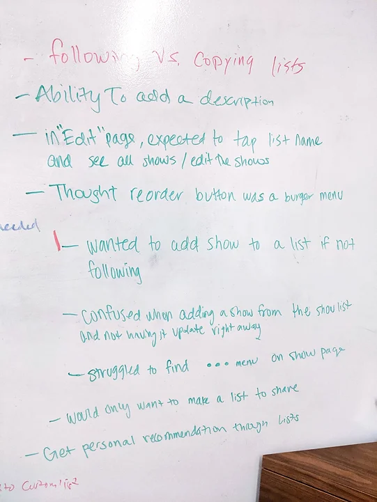 Whiteboard notes from interviews summarizing what users want from Custom Lists