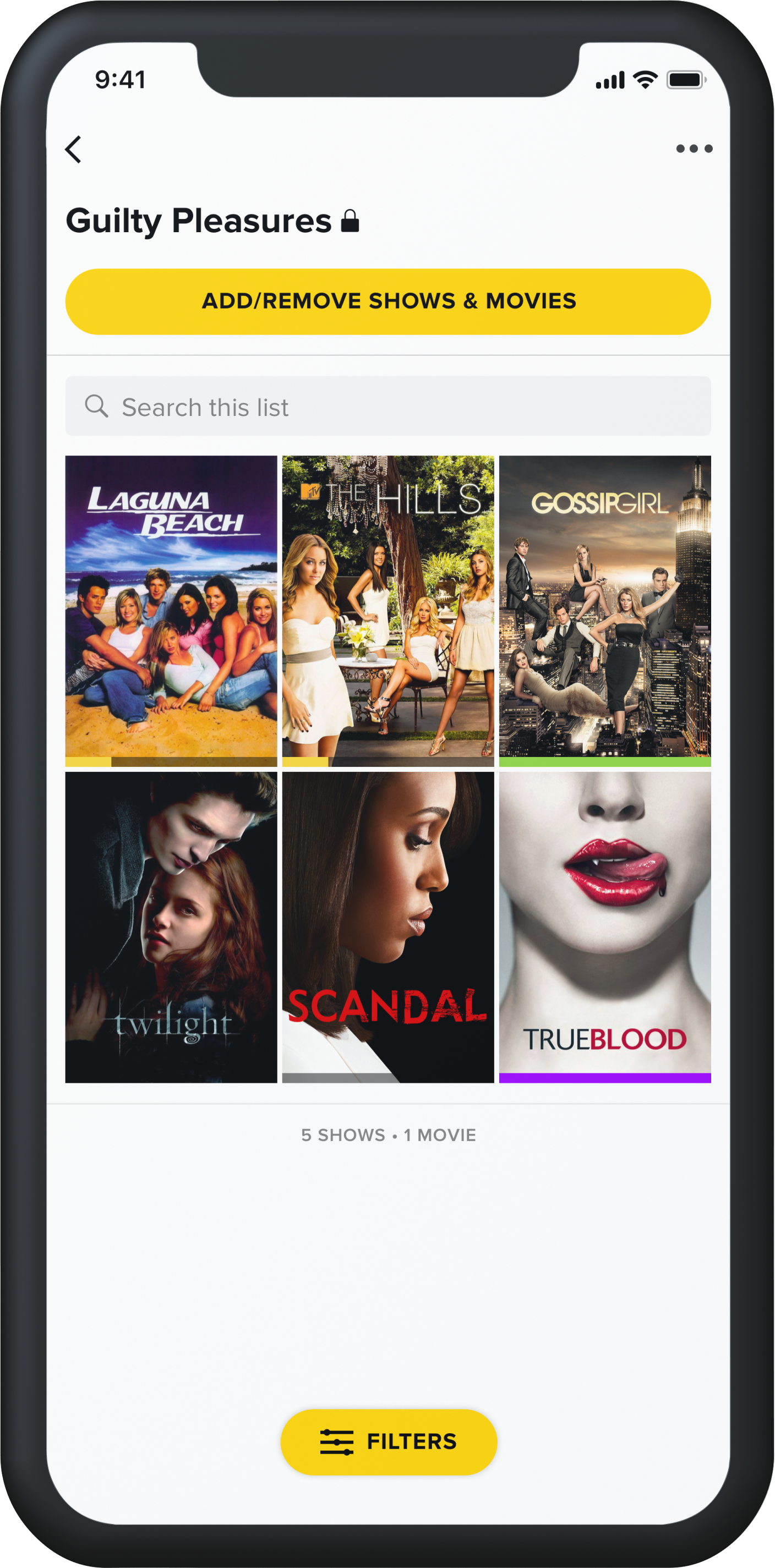 Guilty Pleasures private list with show posters