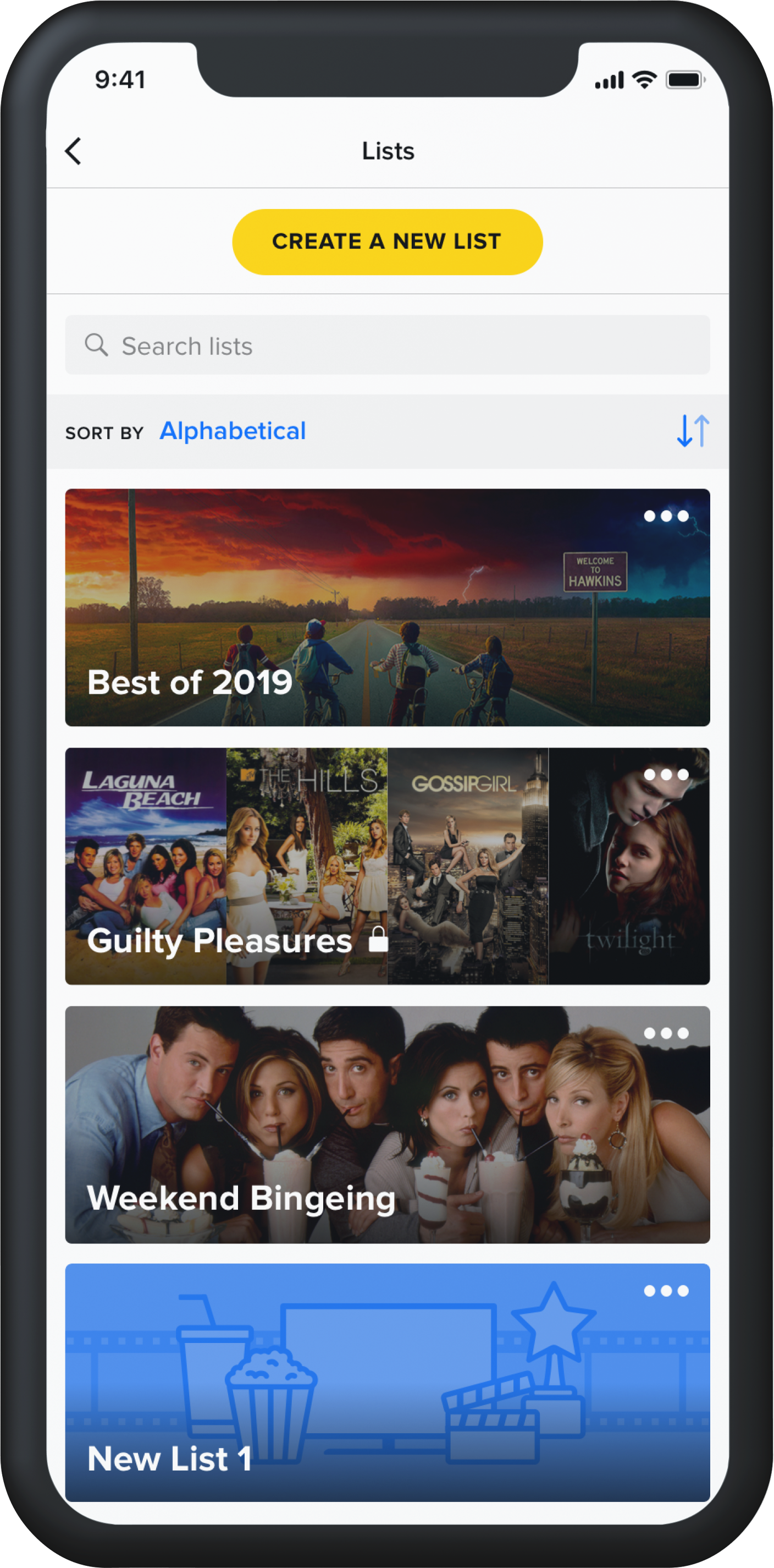 Custom Lists screen showing alphabetical sort with Best of 2019, Guilty Pleasures, Weekend Bingeing