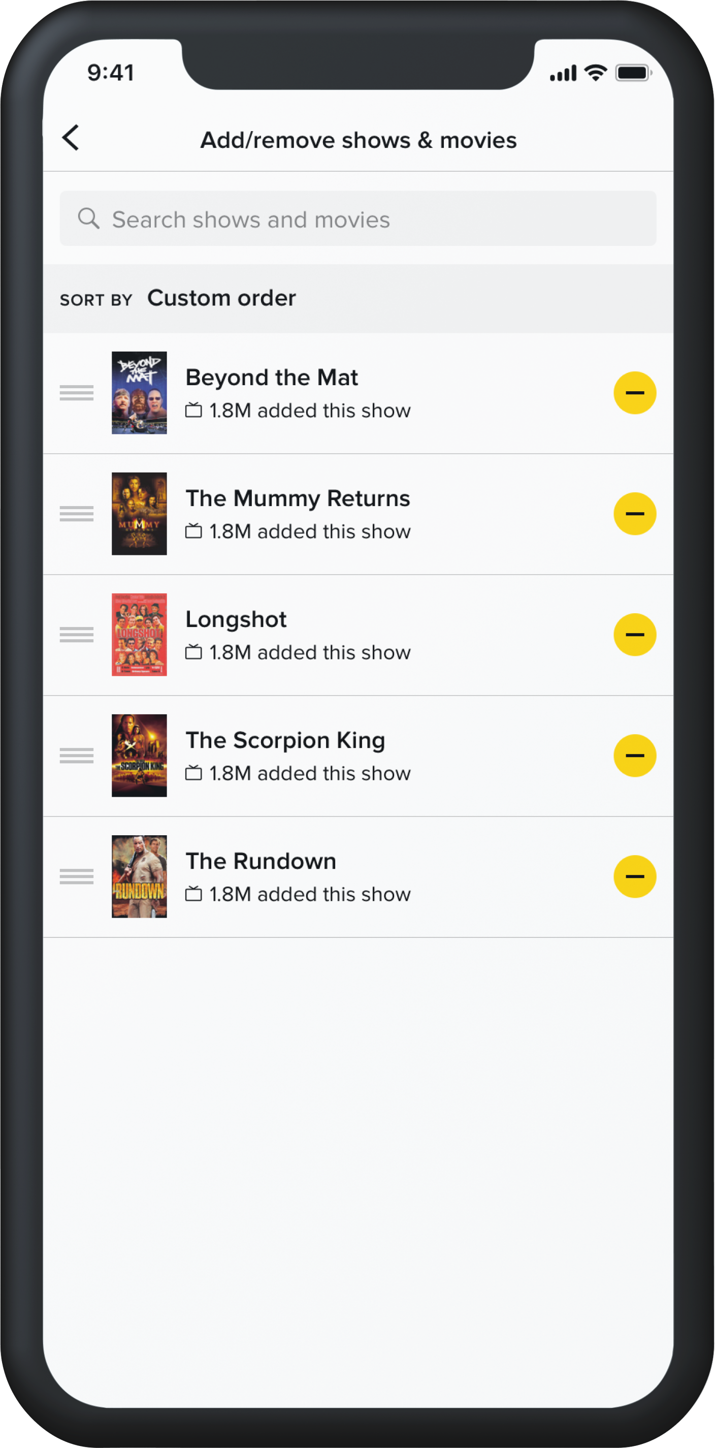 Custom order list with manually arranged shows