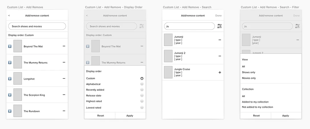 Mid-fidelity wireframes for adding and removing content