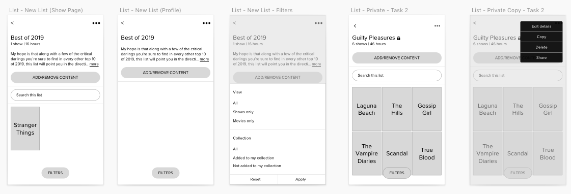 Mid-fidelity wireframes for the list details screen