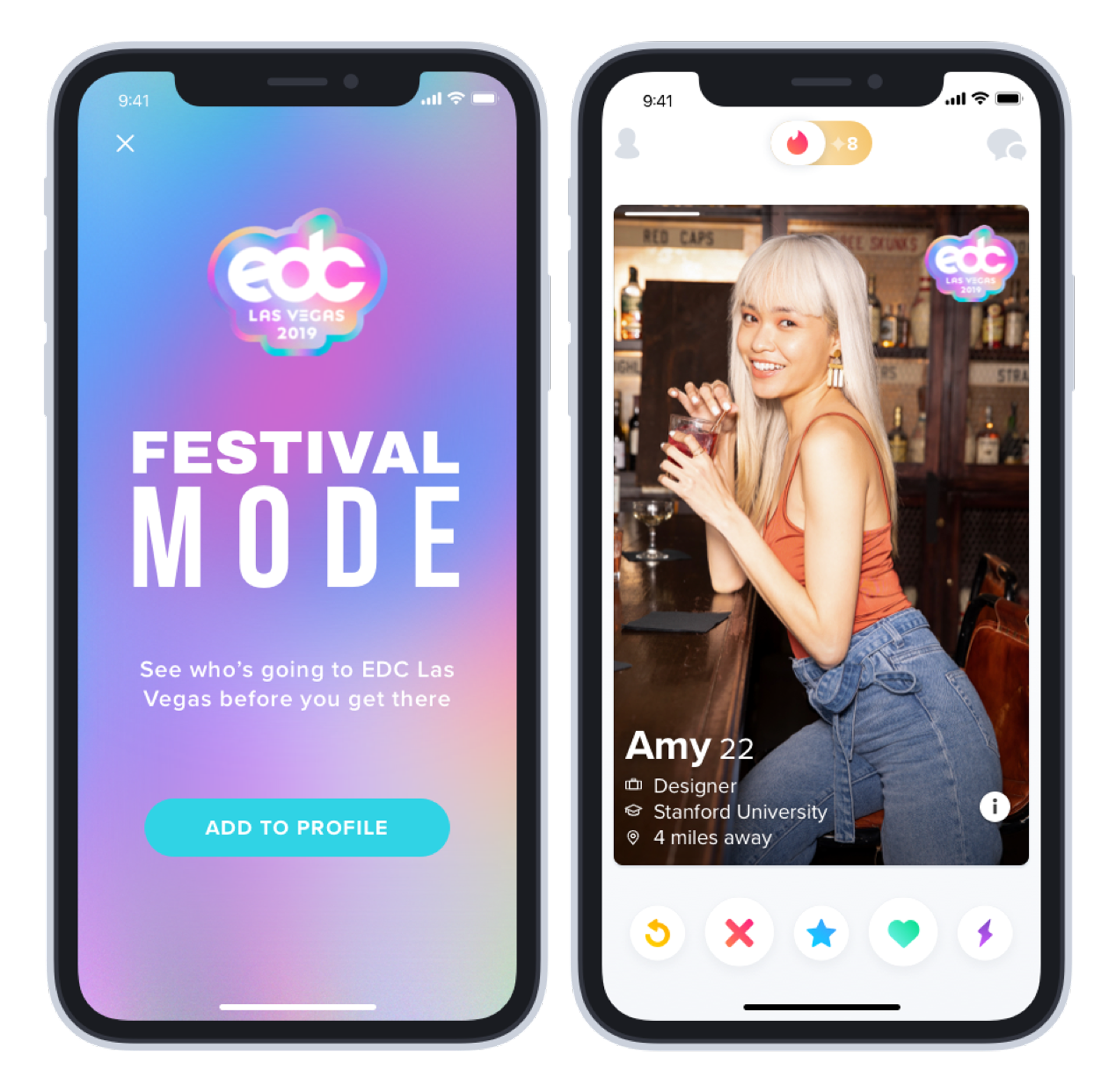 The 2019 Festival Mode screens: EDC Las Vegas entry and the in-deck profile
