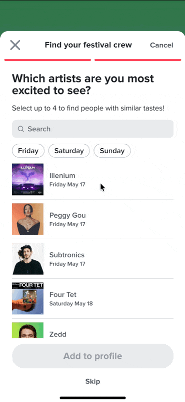 Animated mockup: event-based prompts picking top artists for a festival
