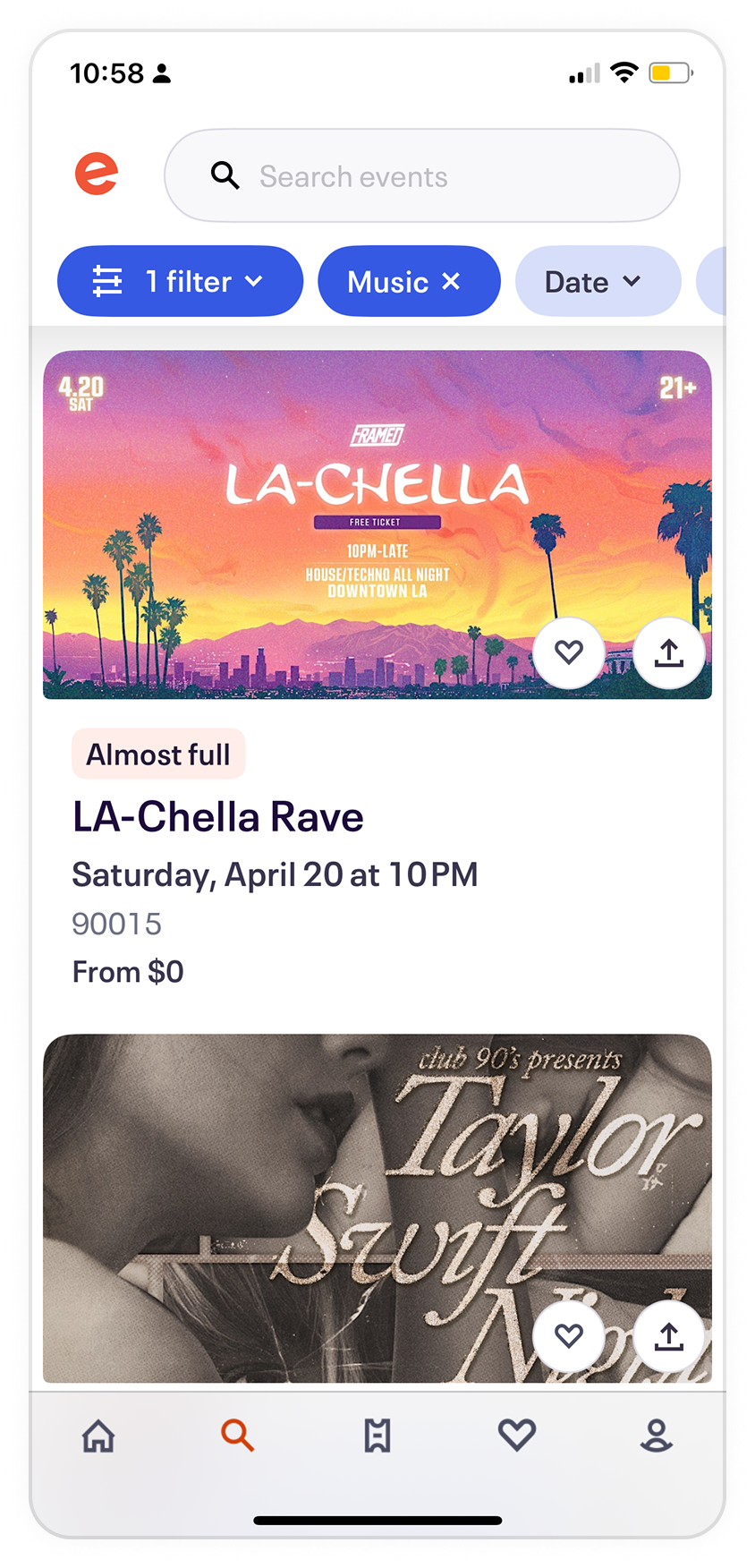 Eventbrite event listings screen