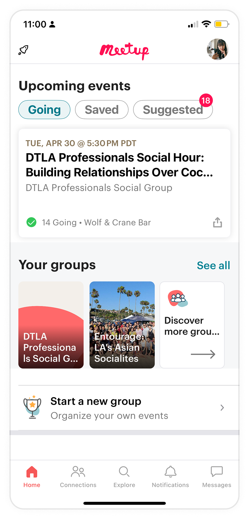 Meetup upcoming events screen