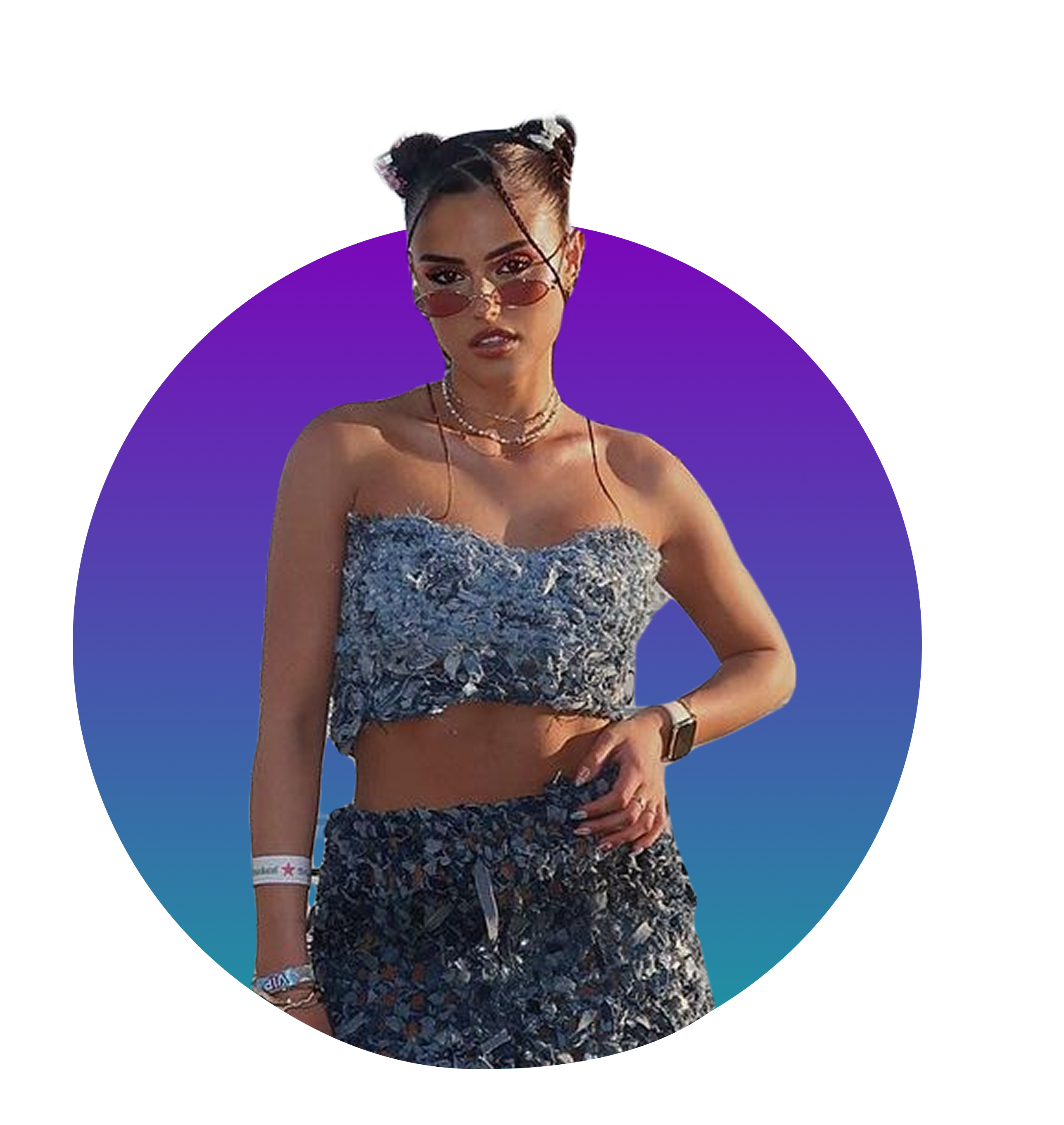 Jen at a festival, in sunglasses and a denim two-piece