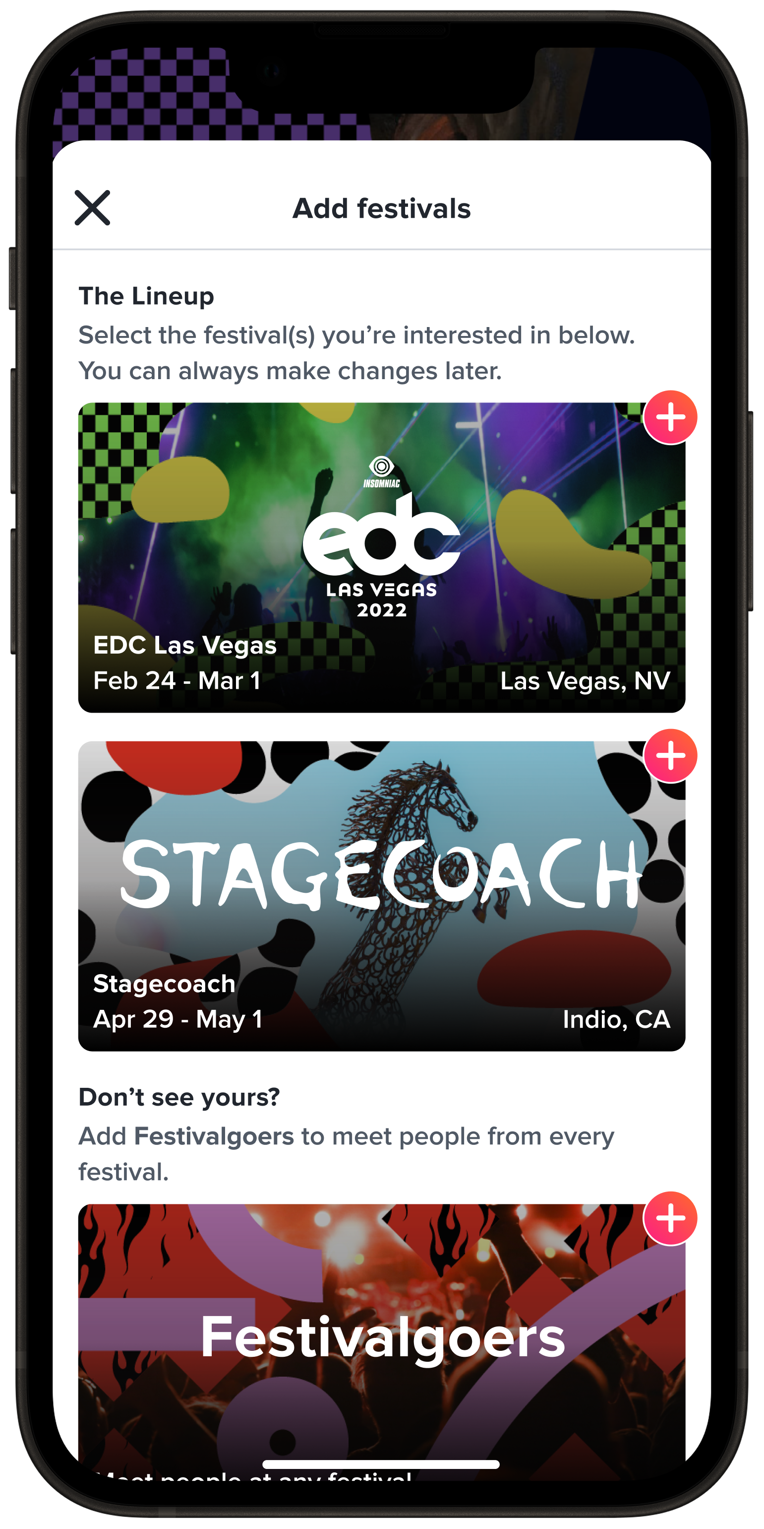 Add festivals screen with EDC Las Vegas, Stagecoach, and Festivalgoers options