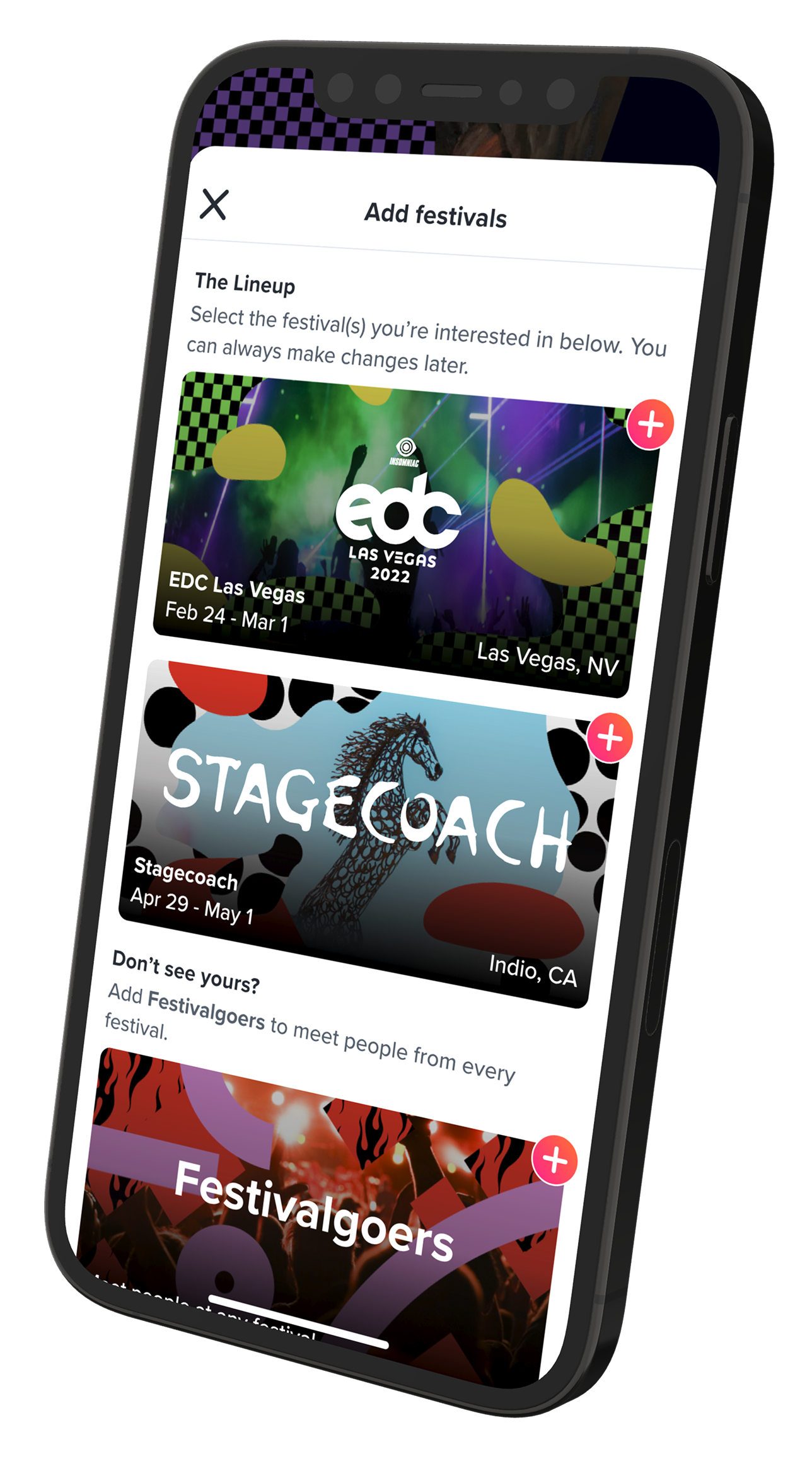 Add festivals screen with EDC Las Vegas, Stagecoach, and Festivalgoers options