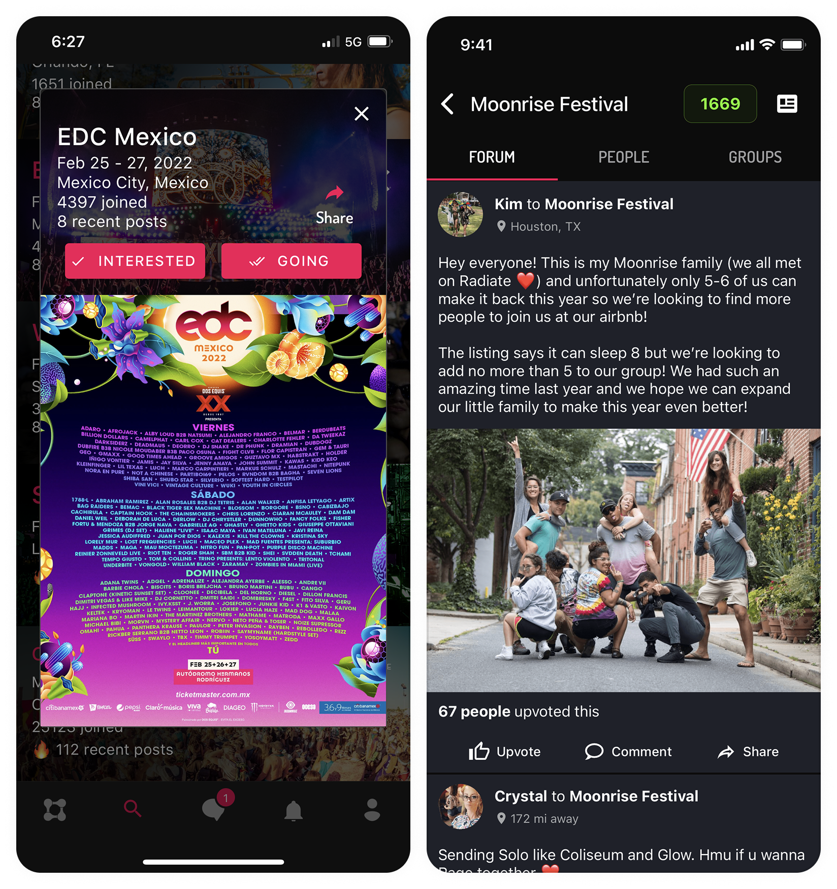 Radiate event page and forum screens