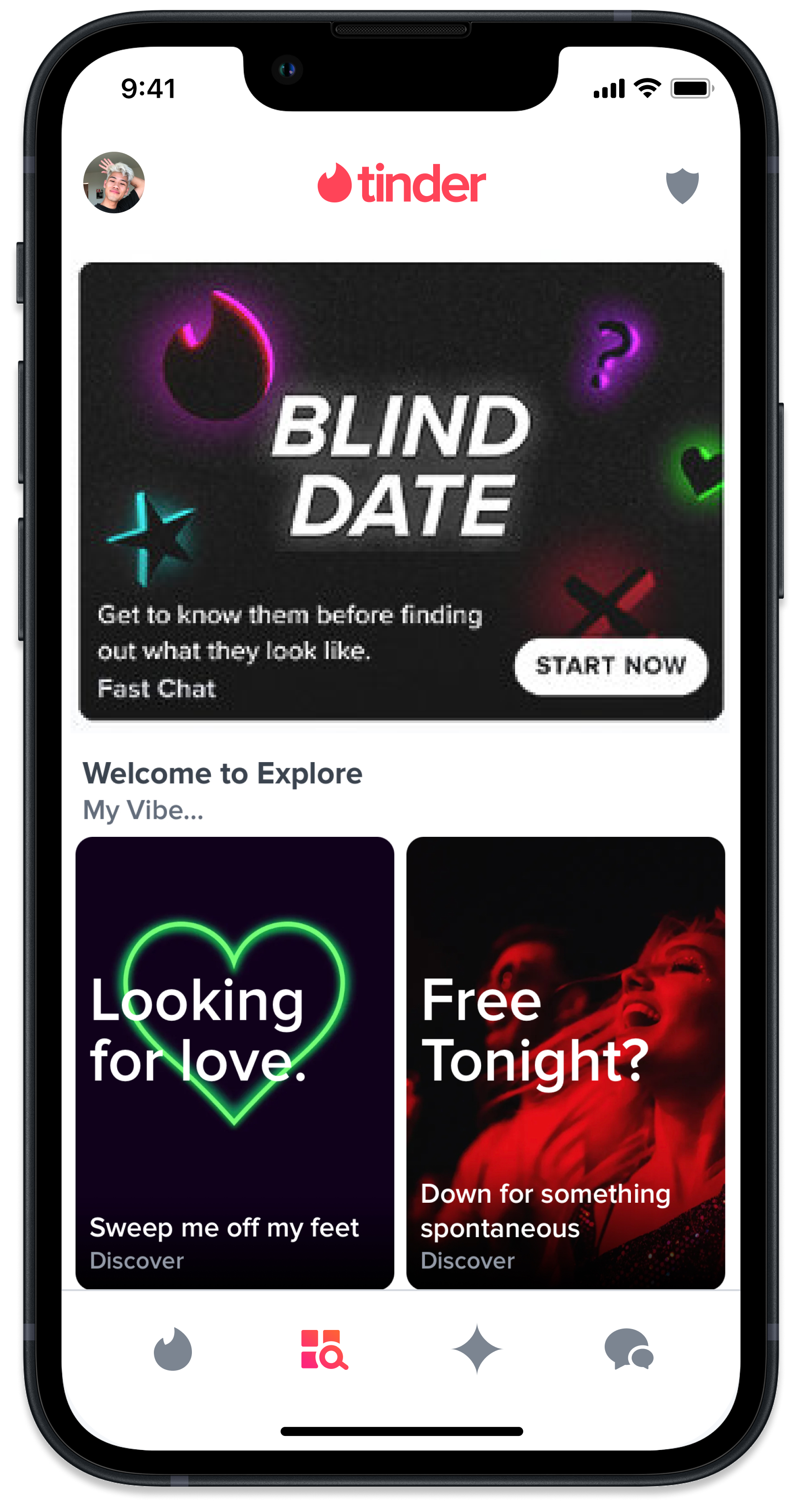 The Tinder Explore tab, with a grid of themed experience tiles