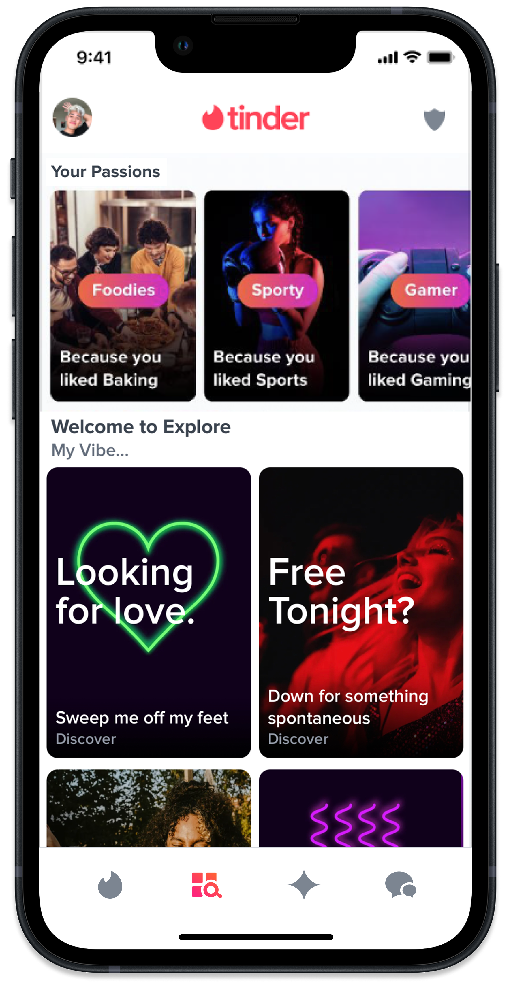 The Tinder Explore tab showing Your Passions and Welcome to Explore tiles