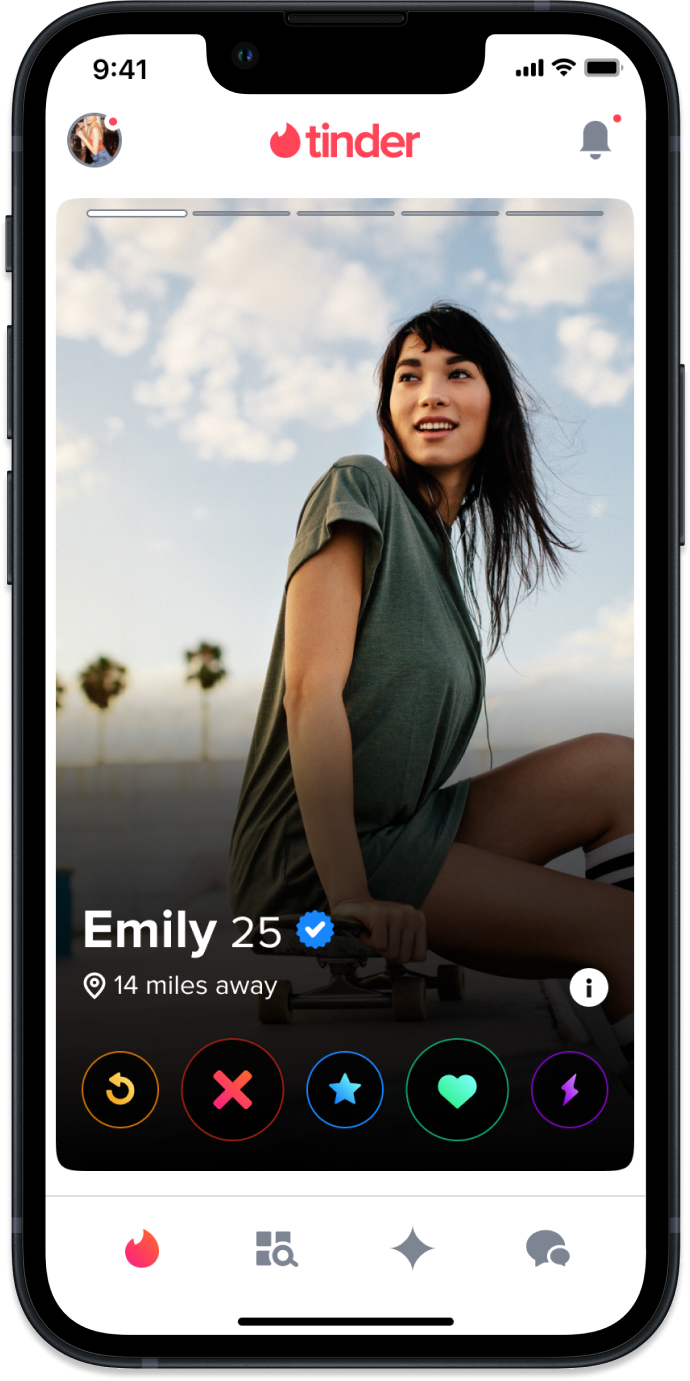 A profile as it appears to a male user, with distance shown first.