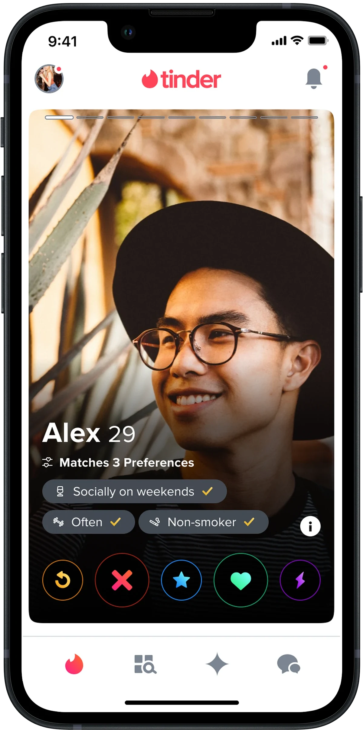An Alex 29 profile with a Preferences stack: Socially on weekends, Often, Non-smoker.