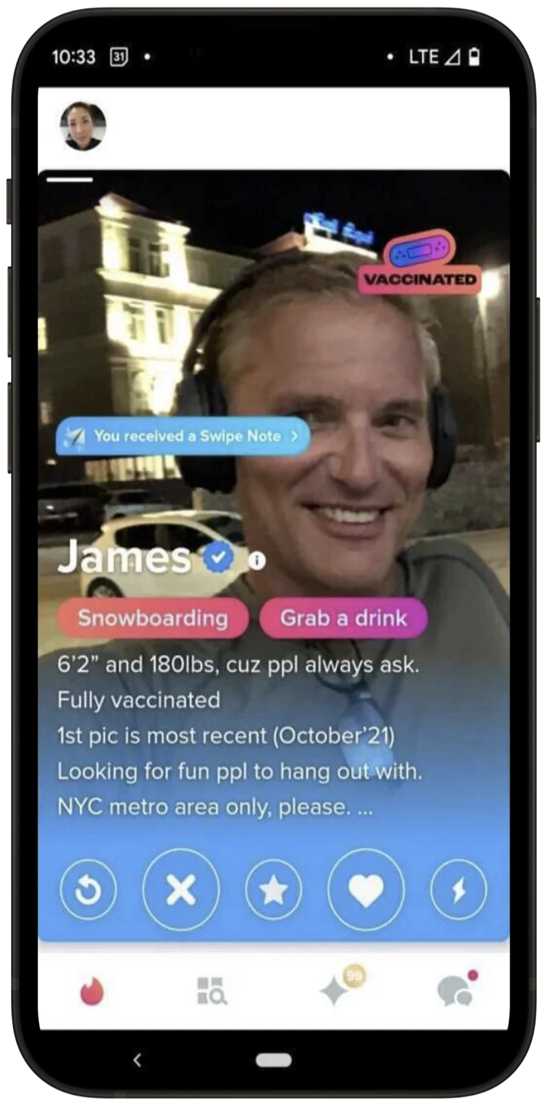 A Tinder profile for James 32 with overlapping content: a Vaccinated tag, a Swipe Note pill, and stacked bio lines, illustrating content collisions.