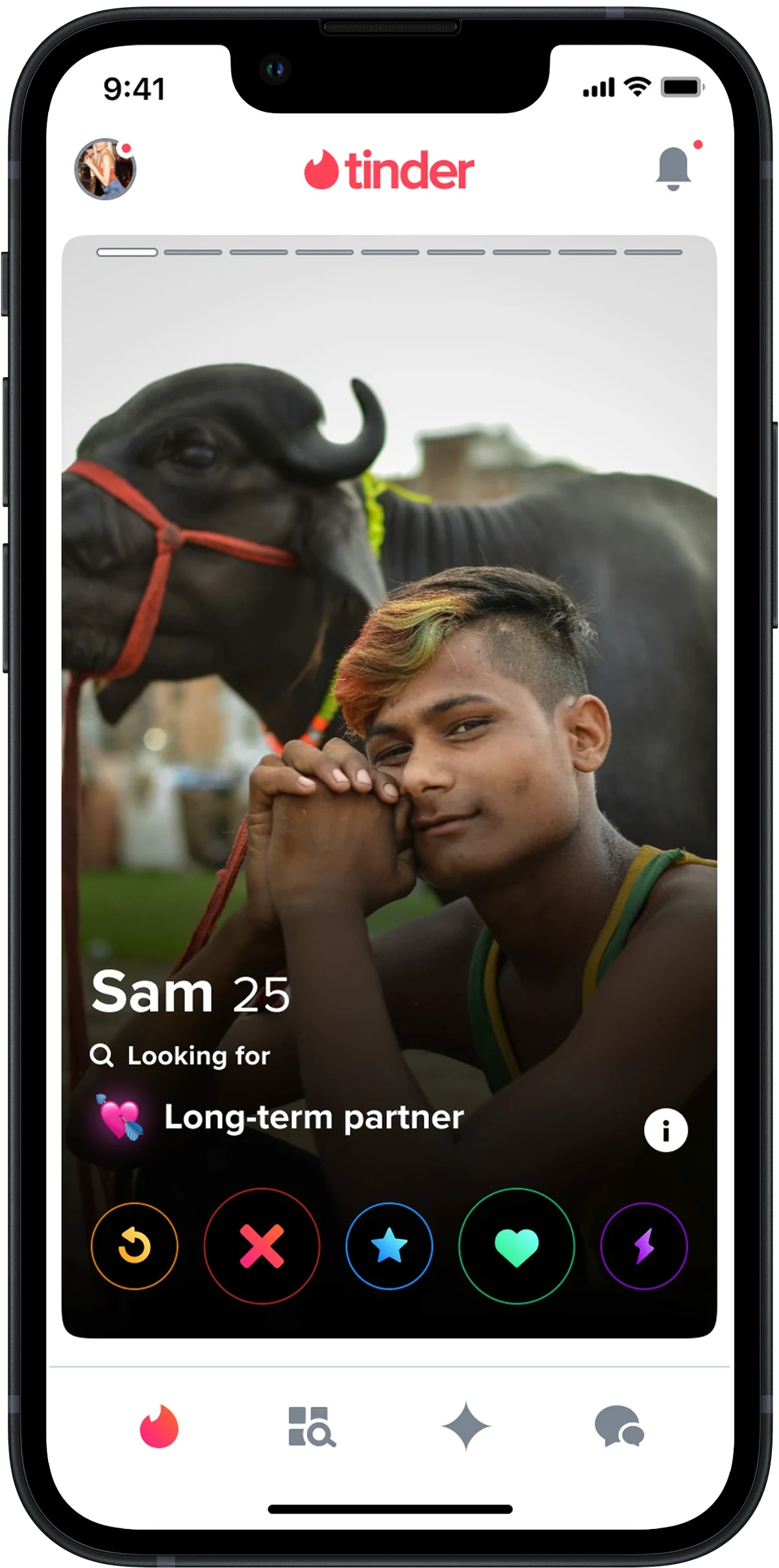 A Sam 25 profile with a 'Looking for / Long-term partner' Relationship Intent element.