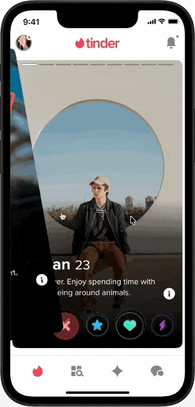 An animated mockup cycling through different profile photos, with all the supporting content (name, age, bio, basics) staying in exactly the same order, illustrating the static one-size-fits-all layout.