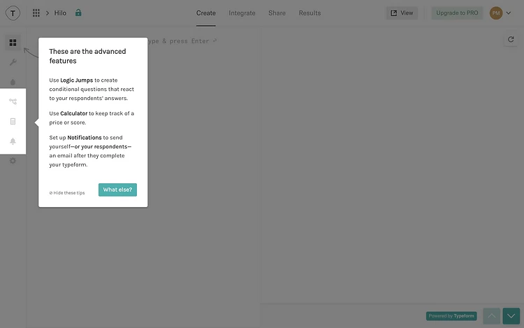 Typeform onboarding screen using dismissible tooltips