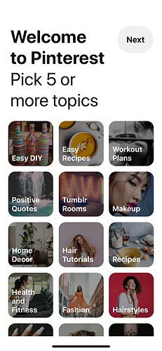 Pinterest onboarding asking users to choose topics of interest